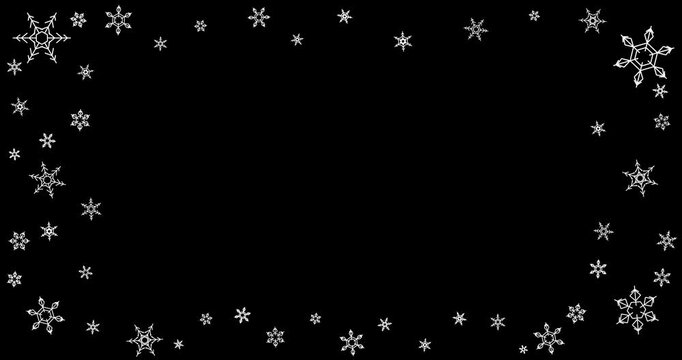 4k Resolution Video: Winter Snowflake Border Alpha Mask. White Animating  Snowflakes Frame An Empty Center On Black Background For Festive Holiday Compositing