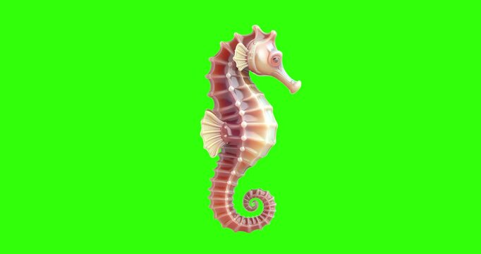 4k Resolution Video: Marine Life And Ocean Beauty Concept. Glossy Pastel Seahorse With Curled Tail And Delicate Fins Seamless Loop Animating On Green Screen Chroma Key Background With Alpha Matte