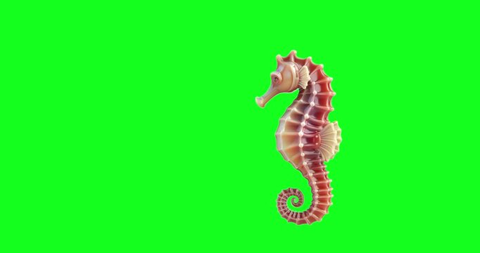 4k Resolution Video: Marine Life And Ocean Beauty Concept. Glossy Pastel Seahorse With Curled Tail And Delicate Fins Seamless Looping Animation On Green Screen Chroma Key Background With Alpha Matte