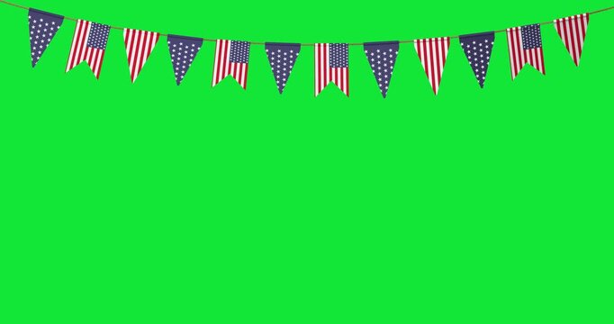4k Resolution Video: American Patriotism, Celebration And Decorative Bunting Concept. Stars And Stripes Flags Hanging Across Green Screen Chroma Key Background With Copy Space And Alpha Matte