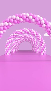 Fantasy Journey And Playful Adventure Concept. Pink Path Leads Through Repeating Arches Made Of Pink And White Spheres Seamless Loop Animating Under Clouds