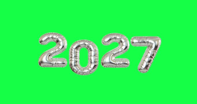 New Year 2027, Celebration, Holiday, Party And Festive Decoration Concept. Silver Foil 2027 Number Balloons Floating Animating On Green Screen Chroma Key Background With Alpha Matte
