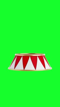 Circus Performance Podium. Red And White Round Pedestal With Triangular Pattern And Gold Trim Animating On Green Screen Chroma Key Background With Alpha Matte