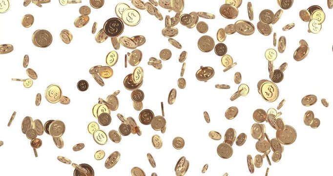 4k Resolution Video: Financial Prosperity Concept. Animating Golden Dollar Coins Falling Across A White Background, Symbolizing Wealth, Profit, Revenue And Investment Growth With Alpha Matte