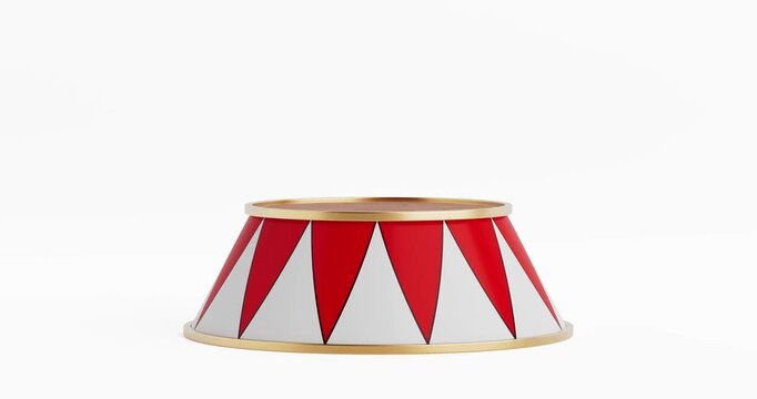 4k Resolution Video: Circus Performance Podium. Red And White Round Pedestal With Triangular Pattern And Gold Trim Animating On White Background With Alpha Matte