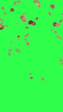 4k Resolution Vertical Video for Social Media:: Financial Motion Concept. Golden Dollar Coins Animating Flying Upward And Falling Across Green Screen Chroma Key Background With Alpha Matte