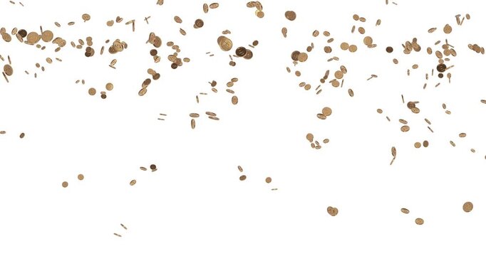 4k Resolution Video: Financial Motion Concept. Golden Dollar Coins Animating Flying Upward And Falling Across White Background With Alpha Matte