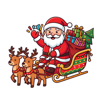 Santa Claus riding sleigh pulled by reindeers with christmas gifts vector illustration