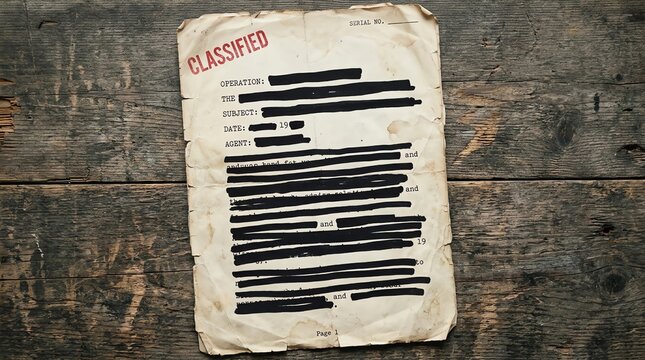 Classified confidential document with redacted text on dark vintage wooden background