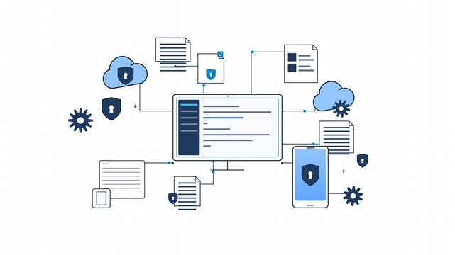 4K 30fps animation in clean modern technical vector line-art style featuring a central desktop monitor and mobile smartphone surrounded by secure cloud storage, rotating gears, encrypted document card