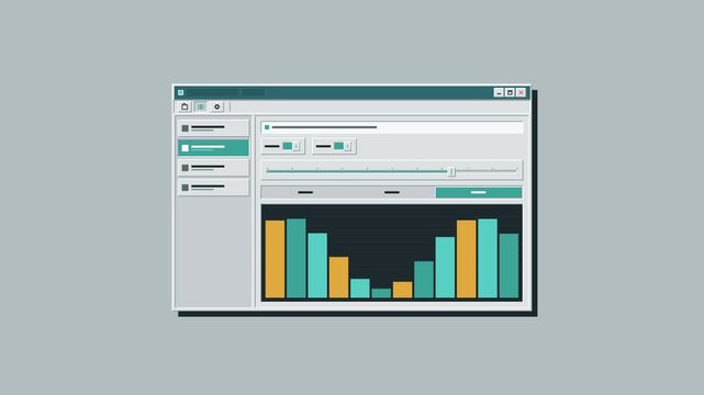 Digital software interface window displaying animated bar charts and audio timeline controls