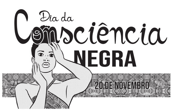 Cartoon black woman with an Afro hairstyle, representing Black Consciousness Day, which is celebrated on November 20th. Written in Brazilian Portuguese. Transparent background