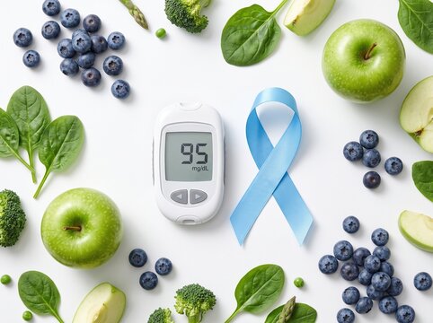 Glucometer with blood sugar level reading of ninety five and blue ribbon surrounded by healthy food ingredients on white background, diabetes awareness medical test for patient diet nutrition.