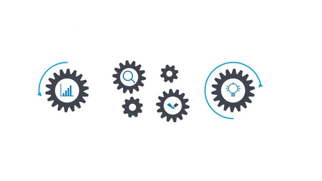 4K 30fps animation in modern corporate vector style featuring 6 mechanically meshed precision gear wheels with analytics chart, research magnifying glass, partnership handshake, and innovation lightbu