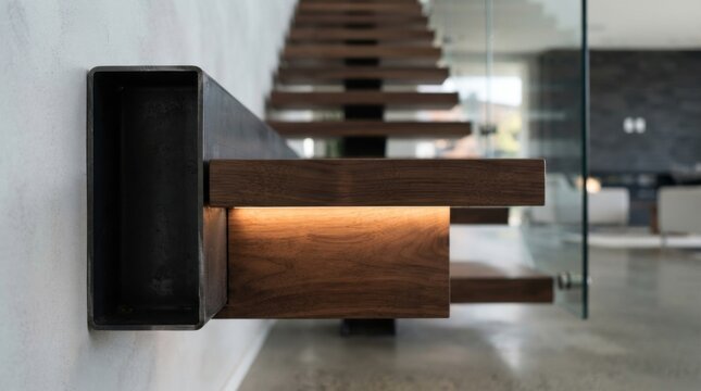 Architectural detail of a cantilevered walnut stair tread joining a matte-black steel stringer with hidden LED cove lighting and shadow gap.