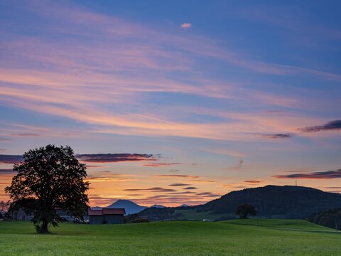 Dawn on the edge of the Alps, cultural landscape, H&ouml;gl, Anger, Berchtesgadener Land, Upper Bavaria, Bavaria, Germany