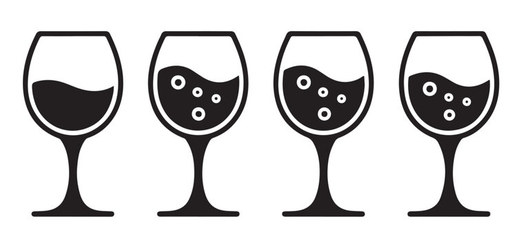 Wine glass vector silhouettes with bubbles and different fill levels for restaurant beverage menu design.