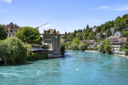 People bathe in the river Aare, let themselves drift, Bern, Canton of Bern, Switzerland