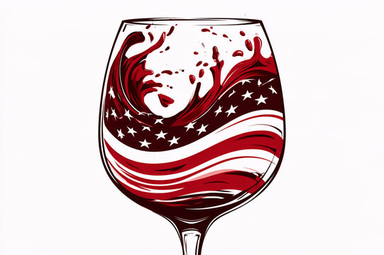 Graphic T-shirt illustration of an American flag swirling inside a sloshing glass of red wine on white background