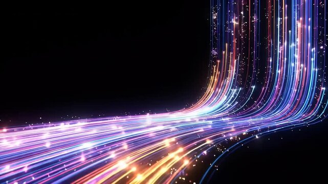 Abstract light trails flowing in curves with glowing particles moving fast against dark background representing high speed digital data transmission and futuristic network connectivity in a modern mot