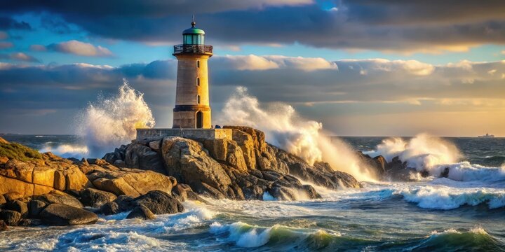 Lighthouse standing alone on rocky shoreline with waves crashing in the background, rock, scenic view,  rock