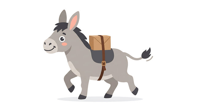 Cute Donkey cartoon carrying a delivery box on white background 