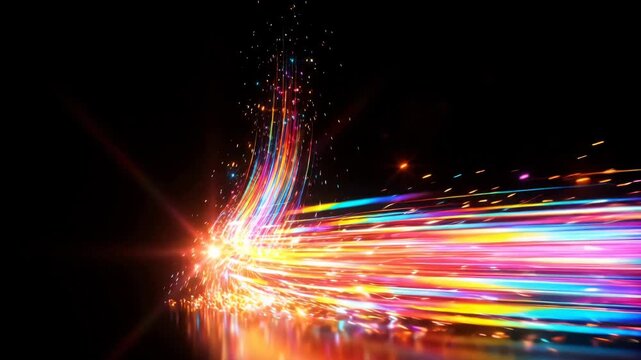 Abstract light trails flowing in L shape with vibrant neon colors and glowing particles moving across a deep black background creating a dynamic energy motion effect for modern digital media
