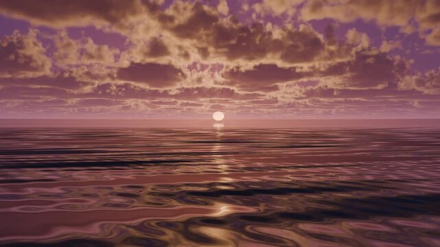 Sunrise over a calm ocean with the sun on the horizon, golden clouds and a glittering reflection on the waves, 3D render