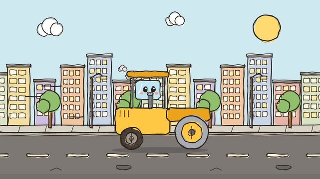 Cute cartoon road roller compactor driving for kids educational videos