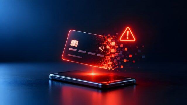 3D render of credit card disintegrating into digital pixels above smartphone with red warning sign representing data breach and financial fraud