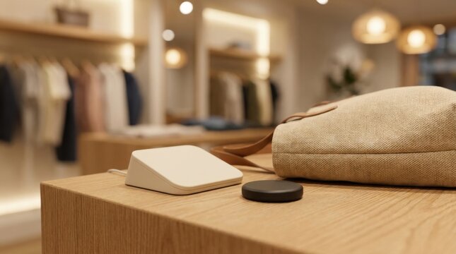 Autonomous retail checkout counter featuring an RFID reader antenna, contactless payment puck, and canvas shopping bag on an oak surface.
