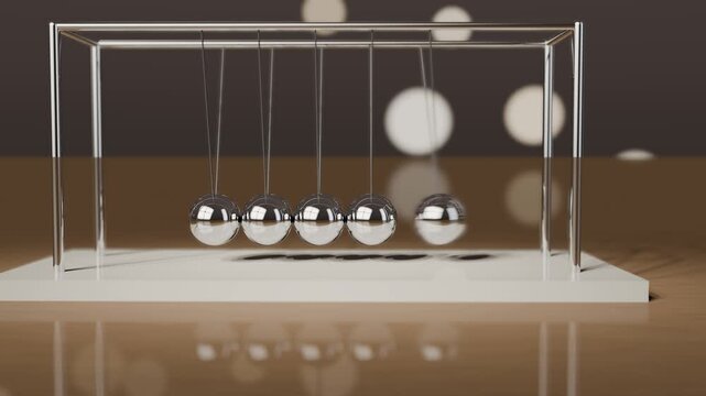 Newton's cradle with chrome balls swinging and colliding on a white porcelain base, warm window reflections, wooden desk, 3D render
