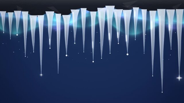 Blue icicles under a rock ledge with northern lights winter close-up