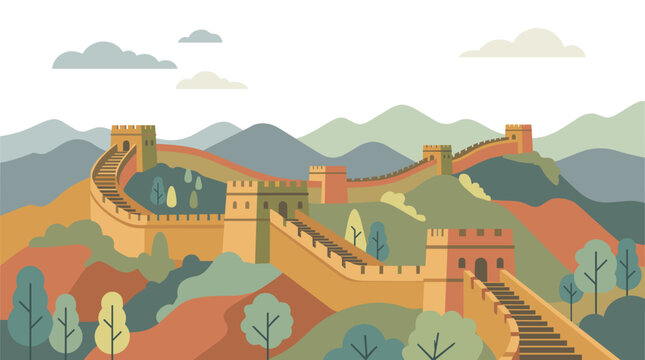 Great Wall of China flat vector illustration with watchtowers winding through colorful layered mountains and autumn trees