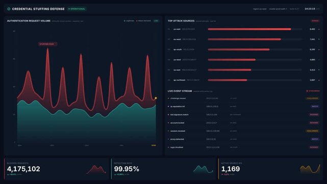Cybersecurity dashboard for credential stuffing defense analytics with authentication request graph live attack monitoring in, for network 4k, protection secure data