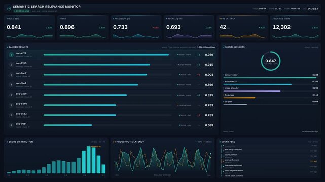 Semantic search dashboard for ranked results, signal weights, live scoring metrics in 4k, for ai relevance evaluation, machine learning, real time tracking