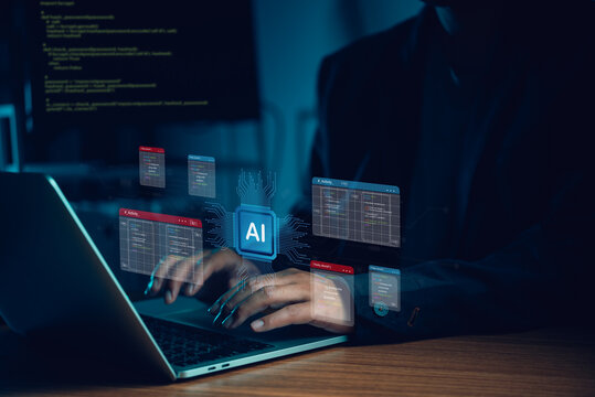 AI Programming and Software Development on Laptop with Digital Code