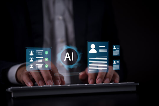 AI Recruitment Technology for Automated Resume Screening Candidate Evaluation and Digital Hiring Selection Workflow. Artificial Intelligence Applicant Profiles Checklist and Computer Keyboard