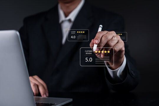 Customer feedback analytics with business professional reviewing star rating, satisfaction score and digital service evaluation