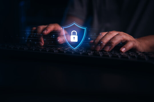 Cybersecurity Data Protection with Digital Shield and Lock on Keyboard