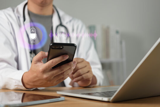 Doctor using smartphone with AI microphone icon and audio waveform, Healthcare voice speech recognition assistant concept. Medical communication digital workflow.
