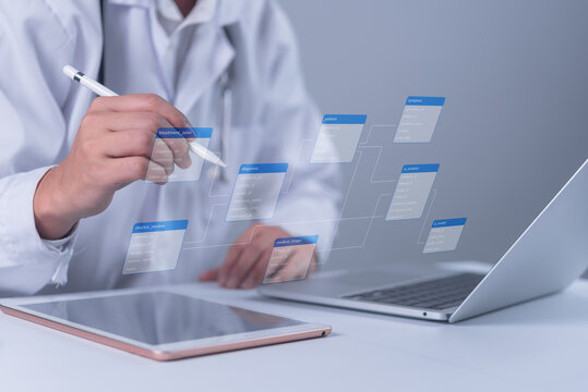 Doctor analyzing healthcare database, patient diagnosis, treatment data, AI analysis and digital medical records on laptop workflow technology concept