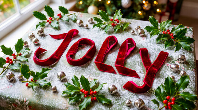 thick velvet ribbons folded meticulously to form the word jolly laid out on frosted wrapping paper surrounded by scattered silver bells and sprigs of fresh green holly leaves
