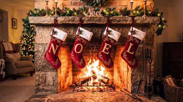 crimson stockings hanging on a stone mantelpiece embroidered with thick golden thread spelling noel illuminated by a roaring fire producing warm dancing shadows on the hearth