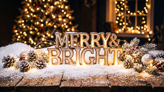 3d typography spelling merry bright surrounded by glowing string lights frosted pinecones and thick sparkling snow drifts on a rustic wooden table top at night with soft bokeh