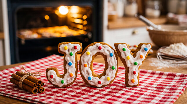 baked gingerbread cookie letters spelling joy decorated with thick white icing and candy drops resting on a red checkered cloth with cinnamon sticks and warm oven illumination