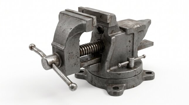Heavy duty industrial bench vise metal clamp tool with swivel base screw handle anvil jaw workshop garage vise for metalworking fabrication isolated b