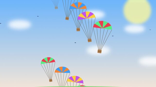 Parachutes descending from sky during day with clouds and sun