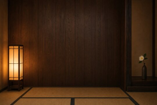 Empty Japanese tatami room at night with andon lamp and camellia
