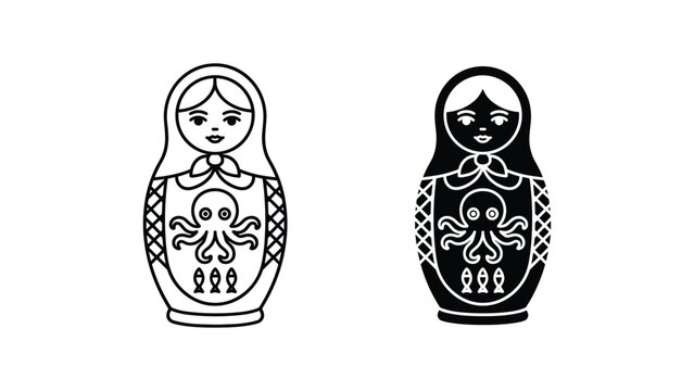 Matryoshka doll vector icon isolated on white Black and white outline line art and solid glyph silhouette